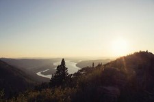 Landscape nature panorama horizon trees river mountains Custom Gaming Mat Desk