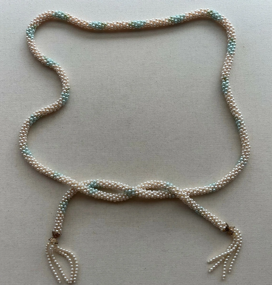 Faux Pearl Lariat Sautoir Tassel Necklace Belt Pastel Vintage