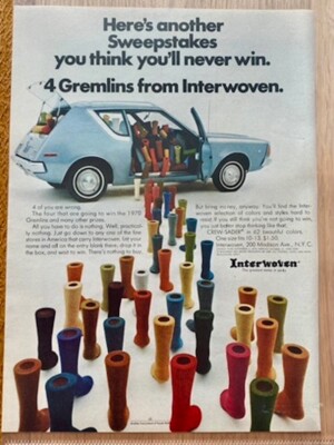 1970 Interwoven Socken AMC Gremlin Oldtimer Original Vintage Advert Werbung