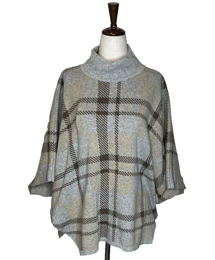 Note di Anita Plaid Poncho Sweater OSFA Merino Wool Cashmere Blend Mock Neck