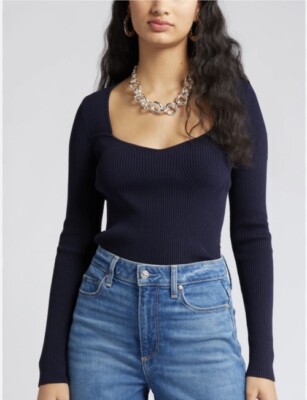 NORDSTROM Open Edit L LARGE Sweetheart Neck Rib Top, Navy Sweater Ribbed NEW NWT