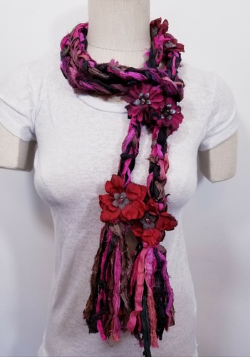 Crocheted Recycled Sari Silk Scarf Silk Flower Stone Bead Lariat Fringe Women - Picture 2 of 11