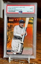 Babe Ruth Holding Jumbo Bat Orange Refractor /25 2021 Stadium Club Chrome PSA 9