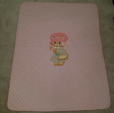 VTG Handmade Kitty Cat Blanket Pink Dress Bonnet Flowers Spring Mills Baby Quilt