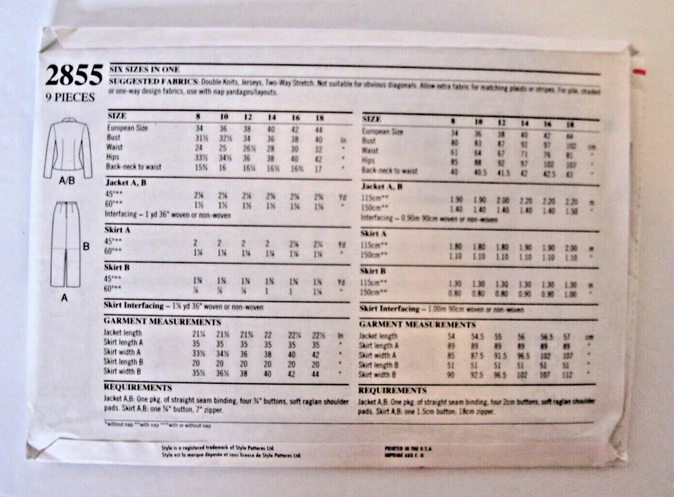 Style Pattern 2855 Womens Jacket & Skirt In 2 Lengths Sz 8 To 18 Factory-Folded - Image 3 of 4