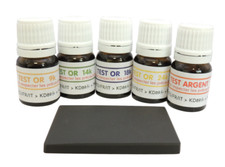 5 réactifs à tester l'or 9 14 18 24 + Argent + flacons spatules + Pierre KD89