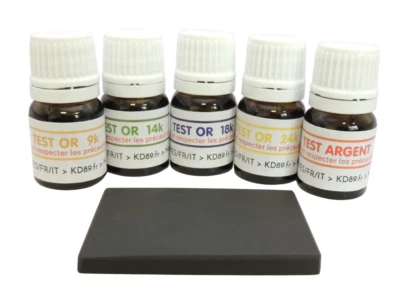 5 réactifs à tester l'or 9 14 18 24 + Argent + flacons spatules + Pierre KD89 - Photo 1/4