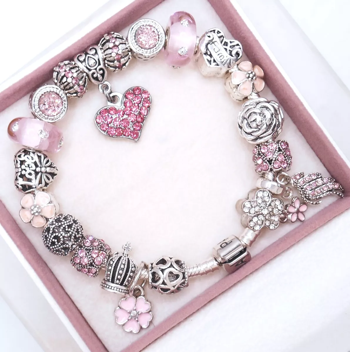 PANDORA SILVER CHARM BRACELET WITH PINK CRYSTAL HEART LOVE FAMILY