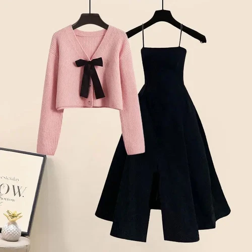 Winter Women's Set Knitted Sweater Strap Autumn Skirt Women's Two Piece Set - Picture 12 of 28