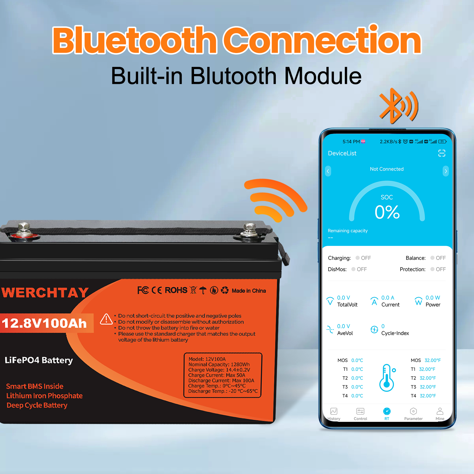 12V 100Ah Smart Bluetooth LiFePO4 Battery with 100A BMS for RV Solar