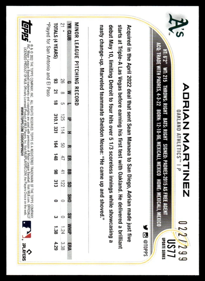 2022 Topps Update Orange Rainbow Foil Adrian Martinez 022/299 Oakland Athletics - Image 2 of 2