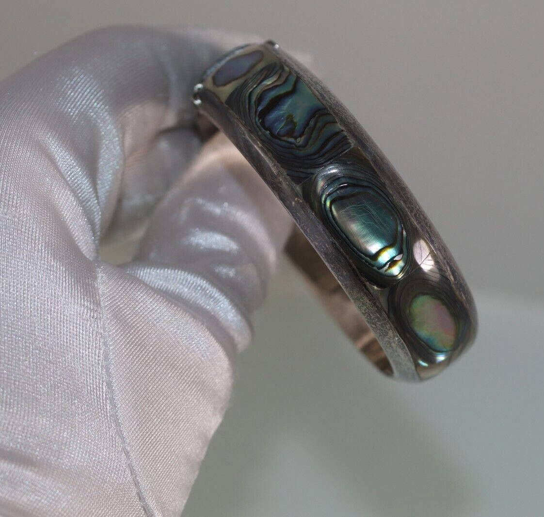 Vintage Abalone Shell Bangle Hinged Sterling Silv… - image 4