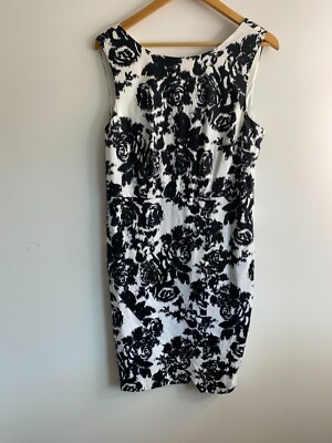 Khoko Cotton Dress Womens Size 14 Black White Floral Pencil