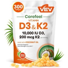 VEV Vitamin D3 K2 10000 IU, 300 Coconut Oil Softgels, 2-in-1 D & K Supplement