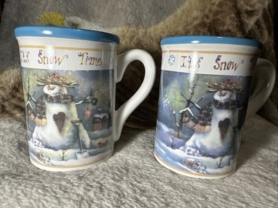 Set Of Two Winter Snowman Coffee Hot Cocoa Mug Cup Holiday Frosty Snowflake