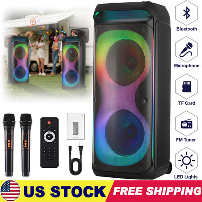 Dual 12'' Portable Bluetooth Speaker Heavy Bass Sound System Karaoke AUX w/2 Mics