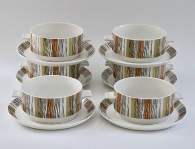 Midwinter Sienna Suppentassen und Untertassen Set. Designed by Jessie Tait
