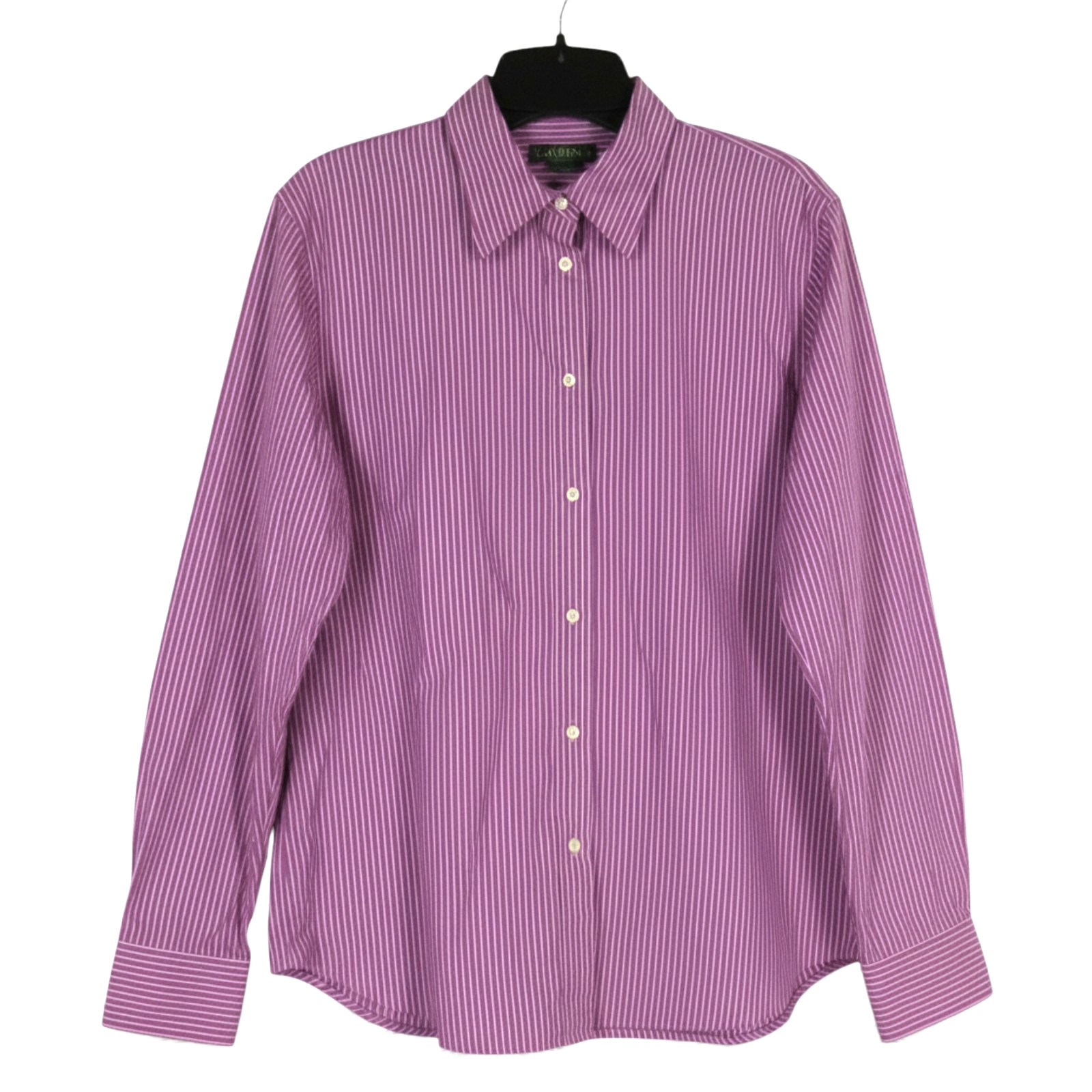 LAUREN RALPH LAUREN Women's TWILL Button-Up PURPLE STRIPES Logo Cuff SHIRT/TOP L