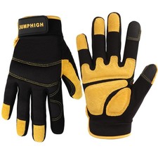 JUMPHIGH Mens Work Gloves, Synthetic Leather Mechanic Large, Yellow 