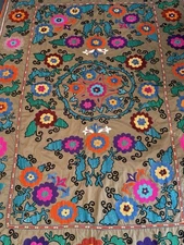 VTG 81” X 54” USSR Suzani Quilt  Russia Uzbek Handmade Embroidery Tapestry