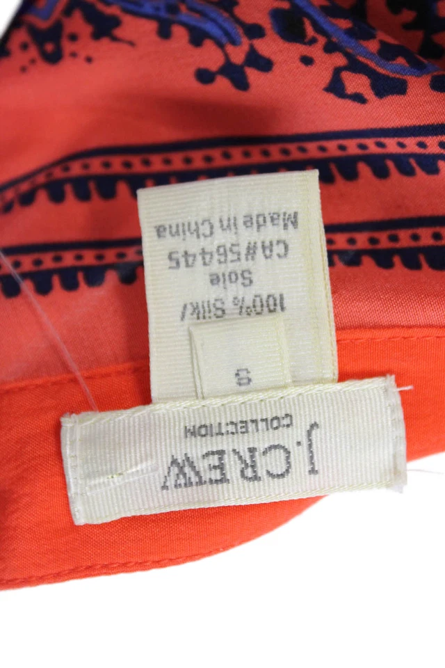 Blusa Top Naranja J Crew Para Mujer Estampado de Seda Cuello Henley Manga Larga Talla S Foto 4 de 4