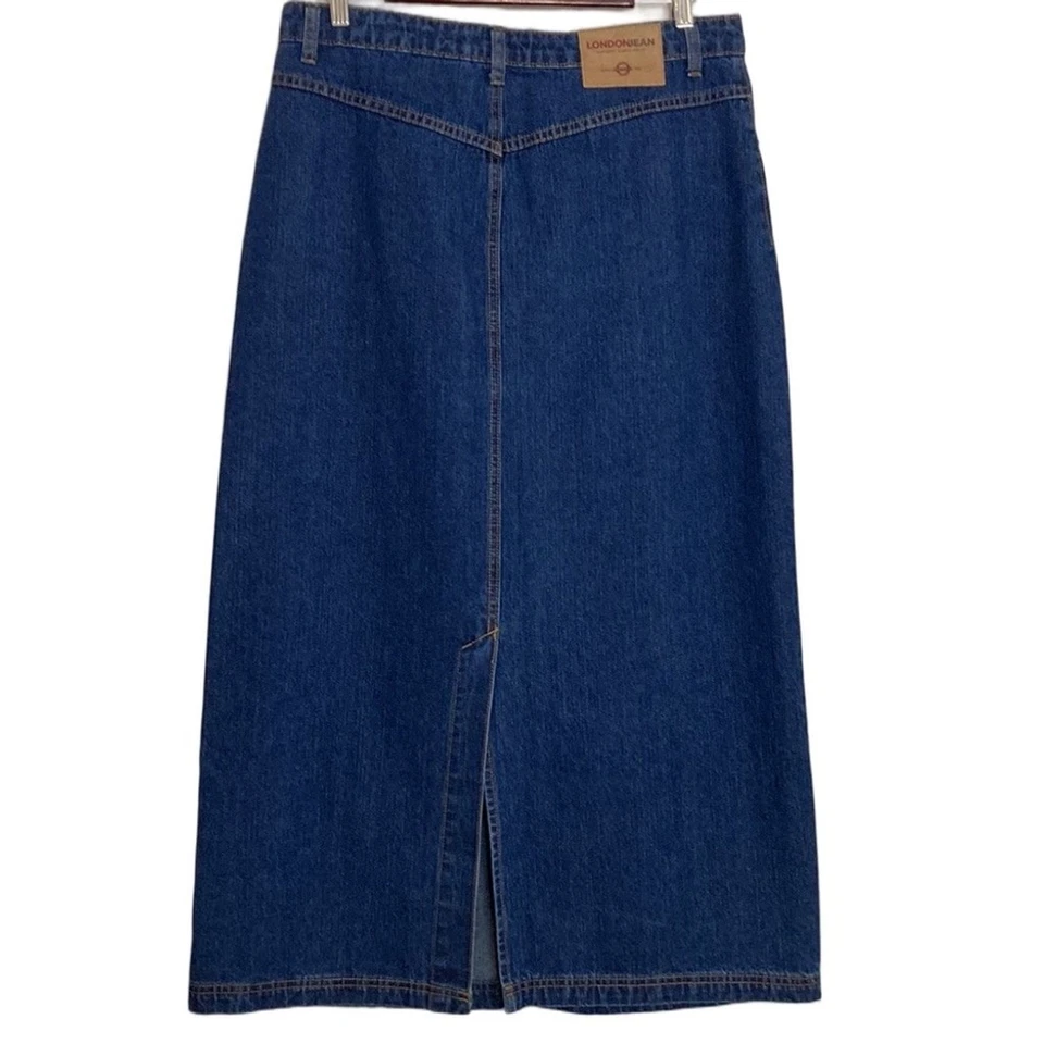 Vintage Jean Skirt Womens 14 Dark Blue Denim A Line Midi Y2K 90s Back Slit - Image 2 of 4