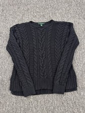 Ralph Lauren Sweater Women Small Black Chunky Cable Knit Side Slit Fisherman Vtg