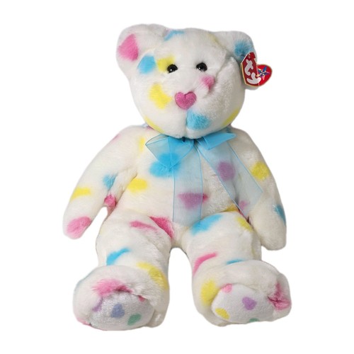 Ty Beanie Buddies Kissme Bear 14" White Multicolor Hearts Plush 2002 w/Tag
