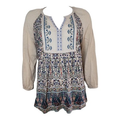 Vintage America Top Womens Size L Large Tan Green Embroidered Boho Floral