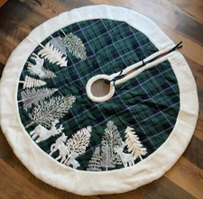Tree Skirt Neiman Marcus 51” Round Tartan Plaid Green Beading W/White Trim NWOT