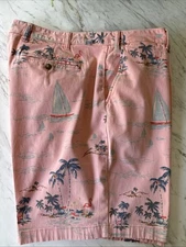 NAUTICAL Deck Short Stretch Bermuda Coral Peach Tropical Sailboats, Sz 44 BG