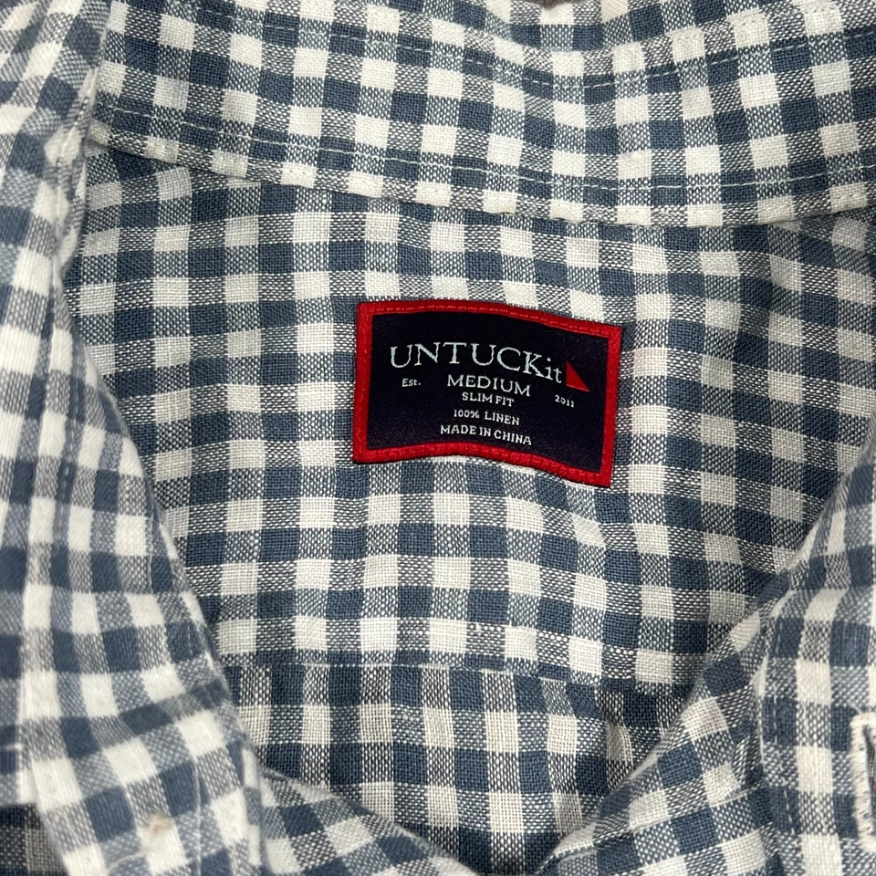UNTUCKit Blue White Gingham Plaid Linen Short Sleeve Button Up Shirt Size Medium - Image 2 of 4