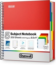 Dunwell 5-Subject Spiral Notebook, College Ruled Red , Colorful 8.5x11", Red