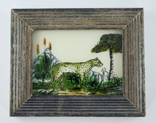 VINTAGE LEOPARD WILD CAT REVERSE PAINTING ON GLASS FRAMED PICTURE