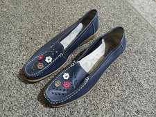 Cotton Traders Slip on Flat Shoes, Blue with flower motifs , UK size 7