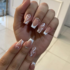 Medium Long Press on Nails White French Tip Fake Nails Square Medium Length Rhin