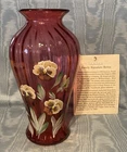 Vintage Rare Fenton “Family Signature Series “ Pansies on Cranberry Glass Vase
