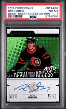 2023 Upper Deck Credentials Debut Ticket Access Auto Ridly Greig Green /25 PSA 8