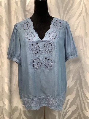 Style & Co. Women s Chambray Embroidered Scallop Hem Puff 3/4 Sleeve Size PXL