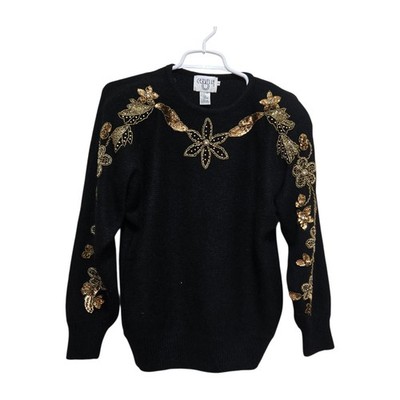 Vintage Cervelle Black Gold Beaded Angora Sweater Womens S