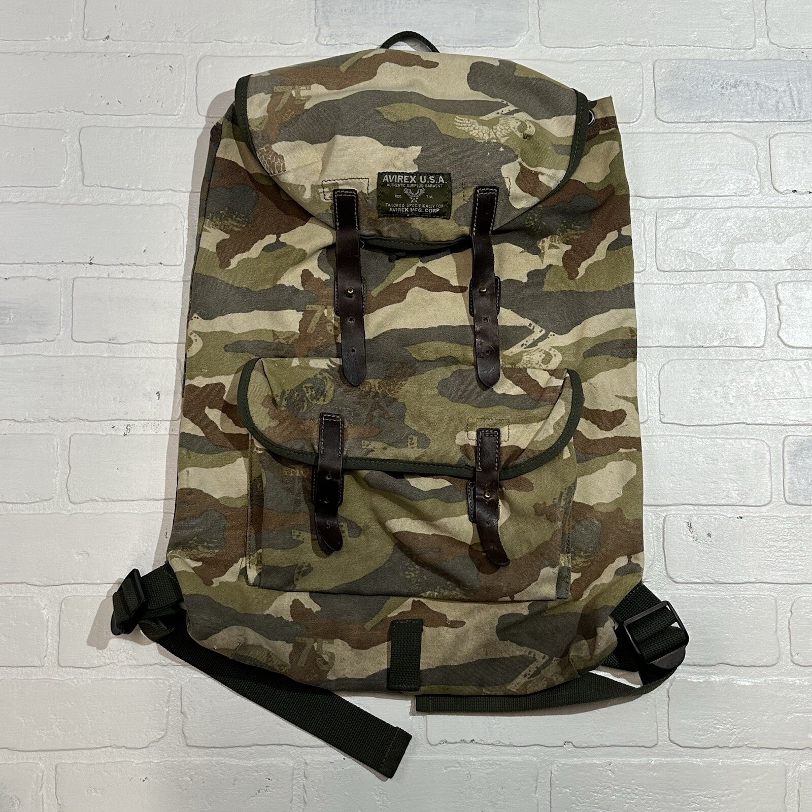 Vintage Avirex Backpack Camo Brown Leather Straps Dra… - Gem