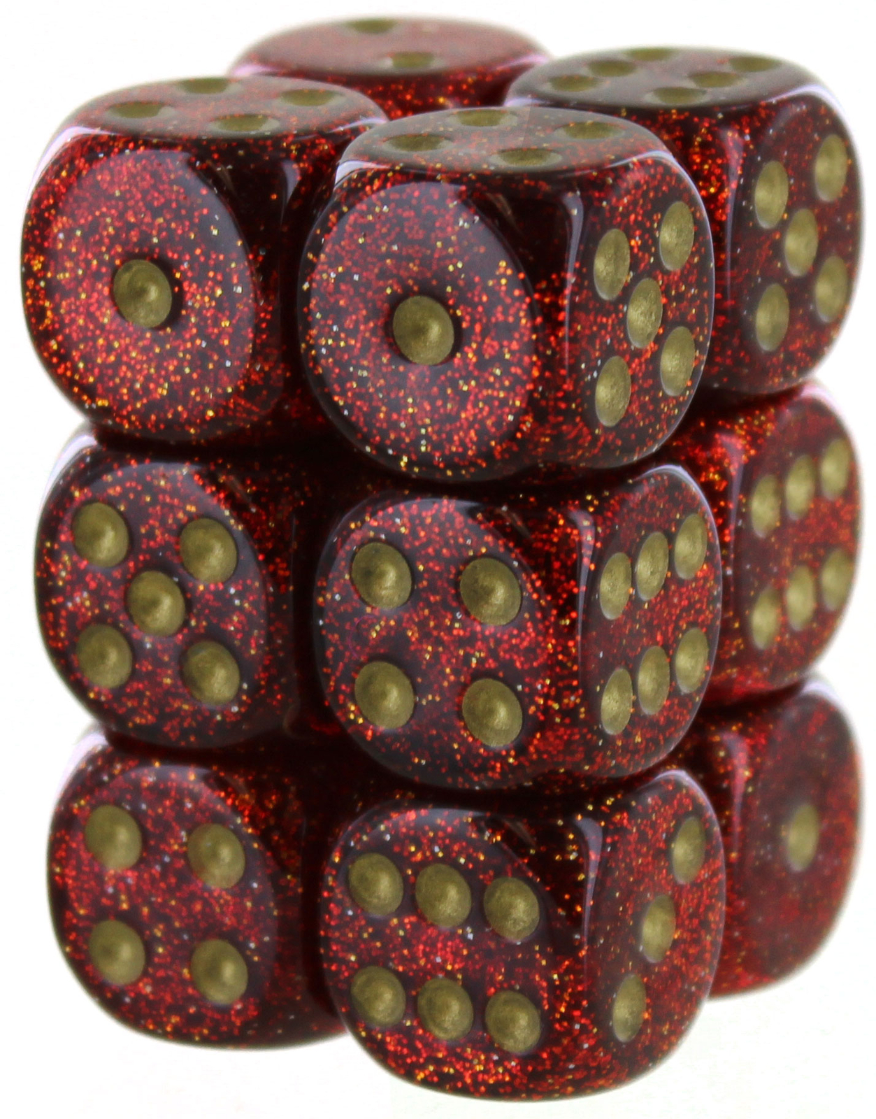Шахматные кости d6: Блестящий рубиновый кубик с золотым кубиком - Набор из 12 кубиков