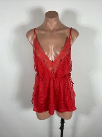 Vtg 90s Negligee Open Sides Red Lace Nylon Romper Lingerie Babydoll sz S