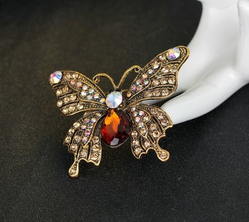 Golden Butterfly Pin w Oil Slick & Burgundy Rhinestones - Picture 4 of 9