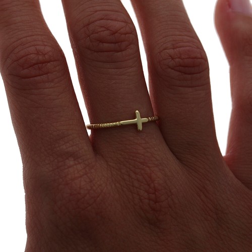 Gold Side Cross Ring, Sterling Silver dipped in Gold, 2mm gold band - Picture 2 of 2
