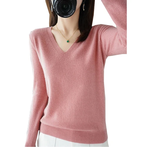 Suéteres de cachemir para mujer esenciales cuello en V manga larga suéter tejido top EE. UU. - Imagen 8 de 30