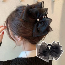 Chiffon Bow Hair Claw Tulle Big Bows Hair Clip Mesh Rhinestone Bow Shark Clip