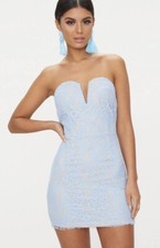 Pritty little thing Dusty Blue Bandeau Lace V Bar Bodycon Dress Size UK 10