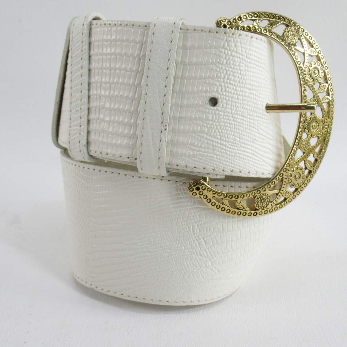 Vtg Le Chateau Waist Belt S White Lizard Embossed Leather  display picture 2