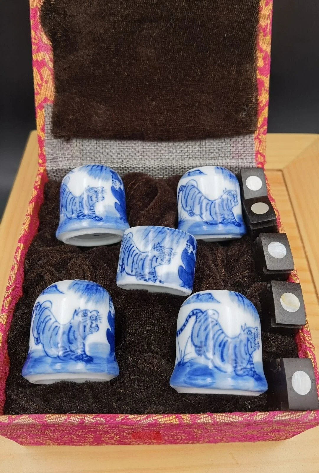 1set 5pcs Asian Bamboo Bird Cage Porcelain Ceramics Handmade Tige Cups 70278